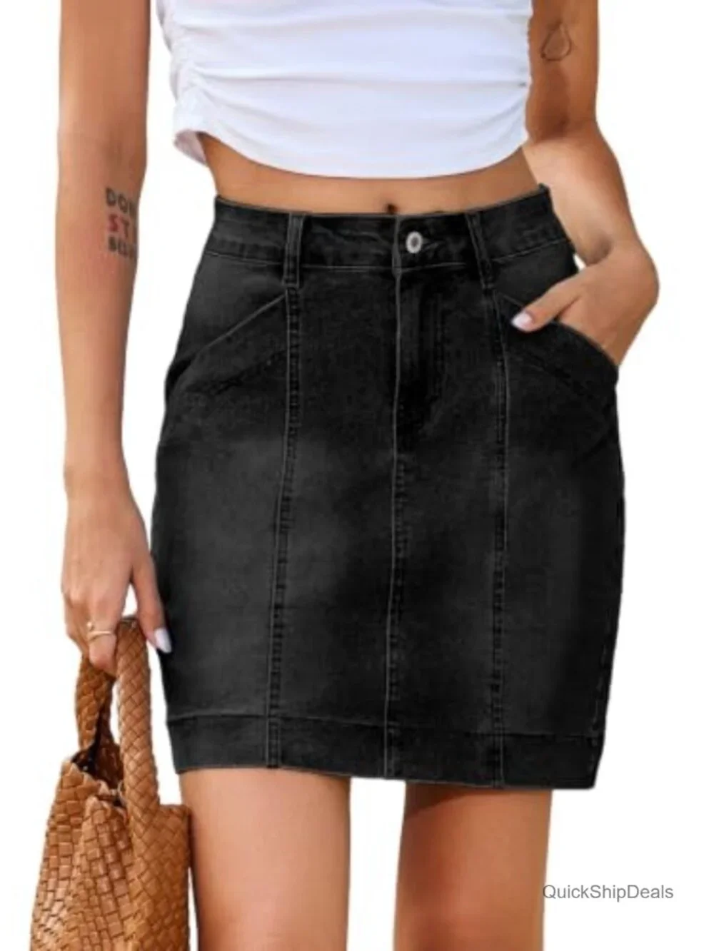High Waisted Stretch Mini Denim Skirt with Pockets, Trendy Front Seam