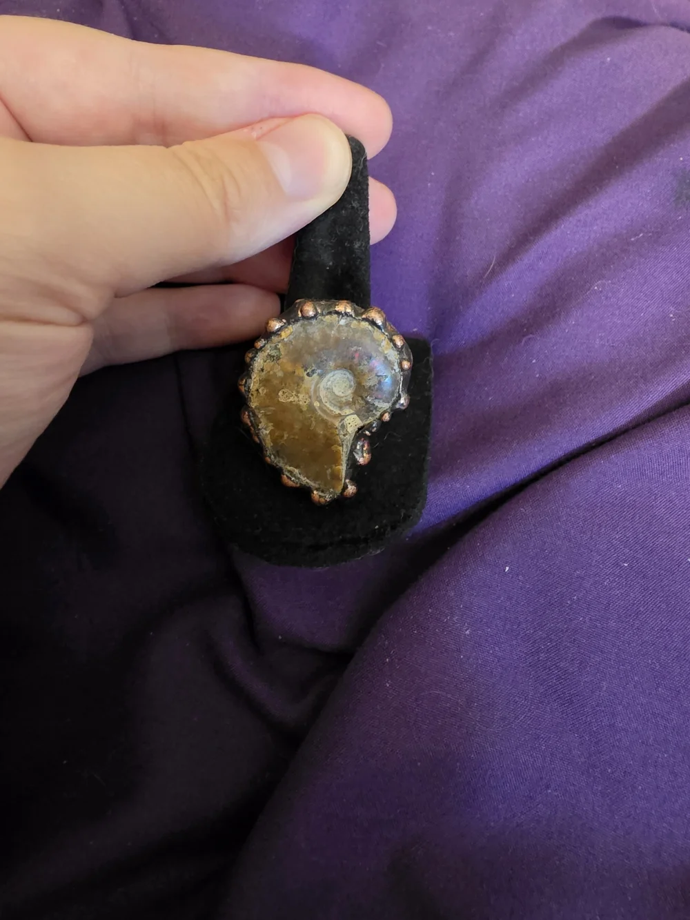 Ajustable Handcrafted Iridescent Ammonite Shell Ring in Amber and Copper
