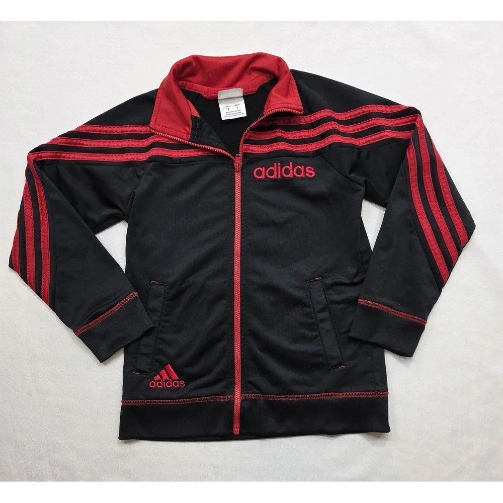 Adidas Boy's Black w Red‎ Stripes Zip Up Pocketed Jacket. Size 7