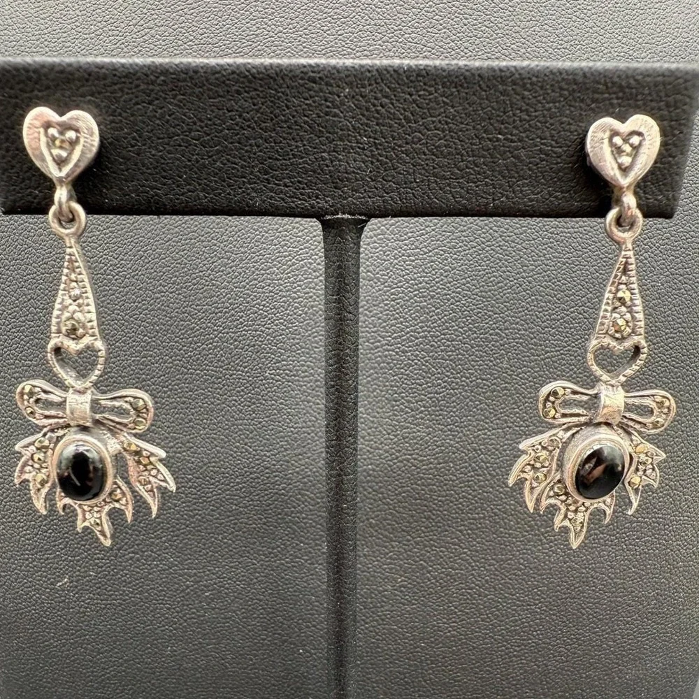 Sterling Silver Marcasite Bow Earrings Black Onyx Cabochon Heart Dangles Vintage