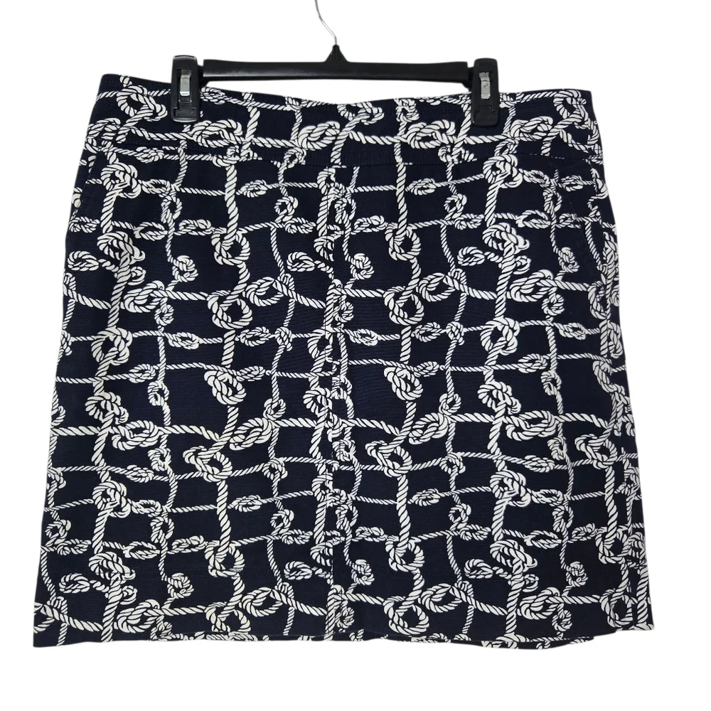 Talbots Rope Knot Print‎ Mini Skirt Navy Blue White Cotton Stretch Pockets