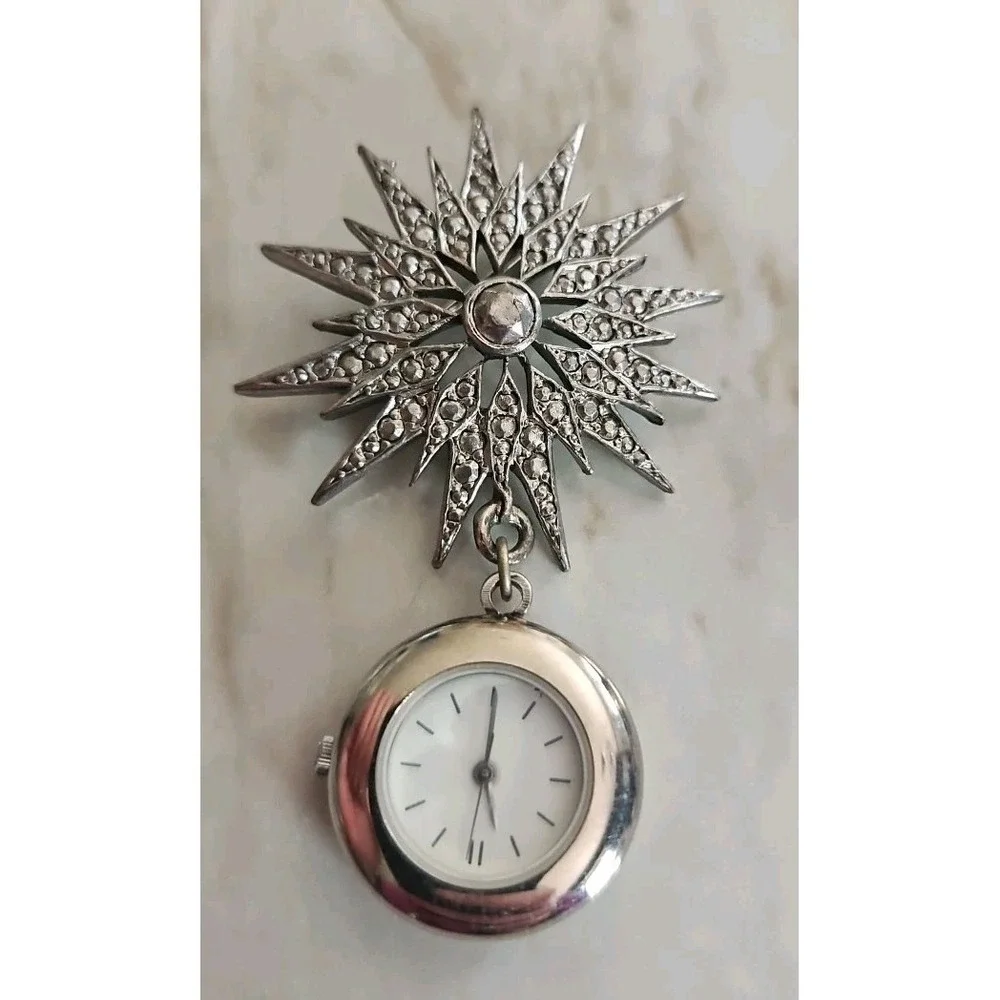 Vtg Monet Hanging Dangle Watch Silver Tone Starburst Brooch Pin‎ Needs Battery