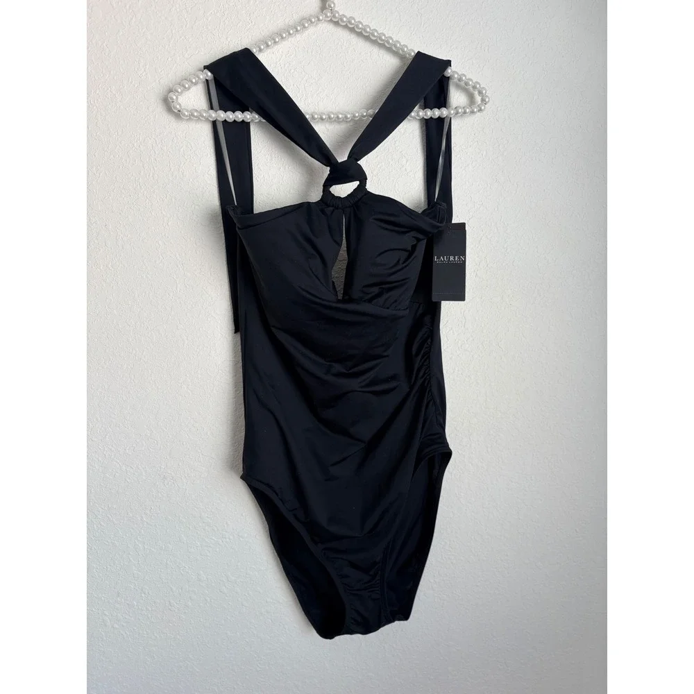 Lauren Ralph Lauren One Piece Swimsuit Womens 14 Black New Halter Ruched Keyhole