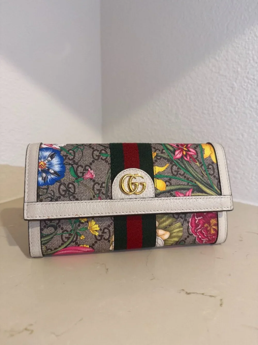 🌸 Gucci Ophidia GG Flora Continental Long Wallet with White Leather Trim