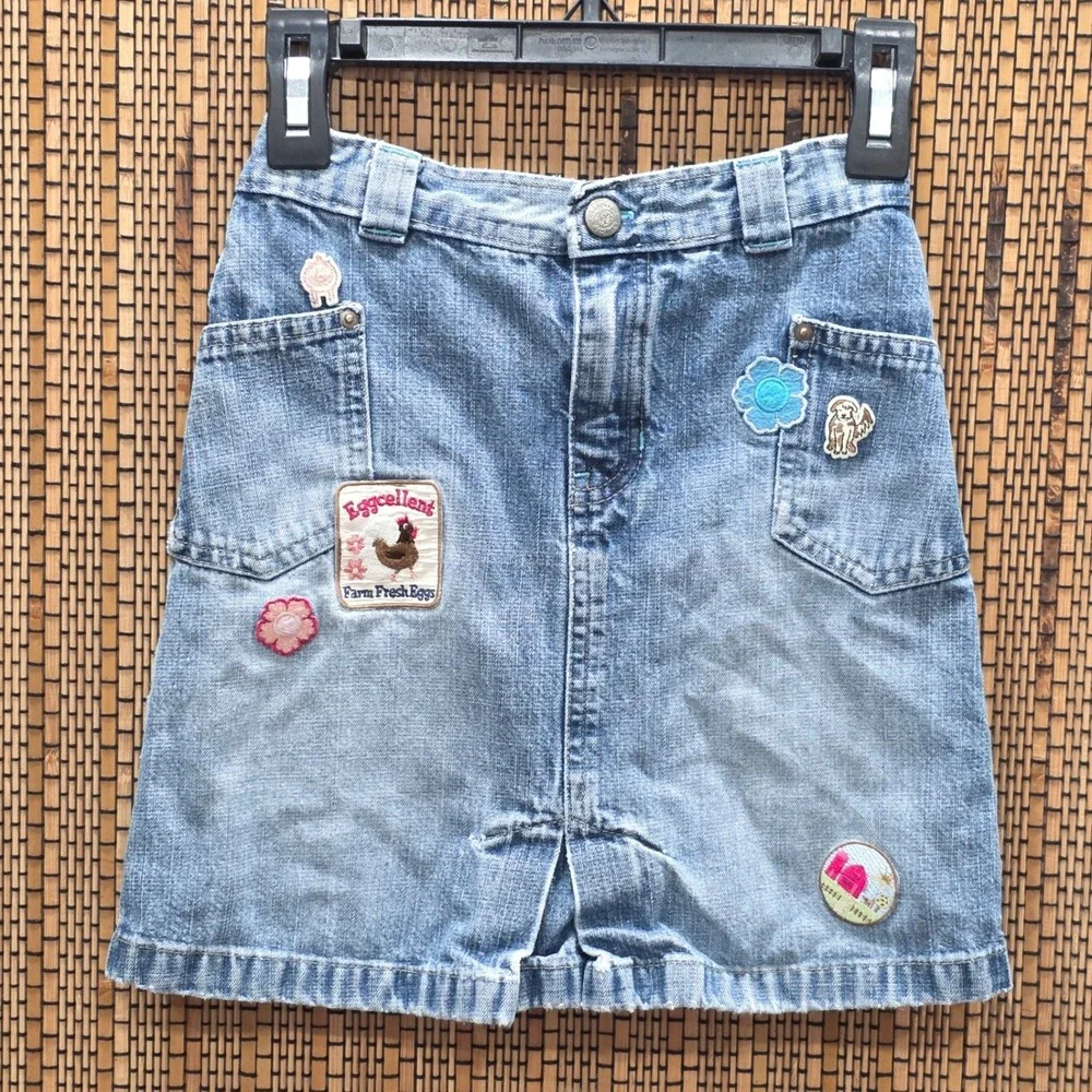 Y2K Baby Gap Toddler Girls Blue Denim Farm Patch Skirt Adjustable Waist 5Y 2005