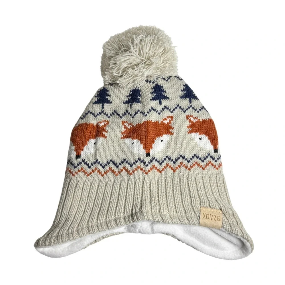 XOMZG Fox Fair‎ Isle Knit Beanie Fleece Lined Earflap Pom Pom Winter Hat Beige