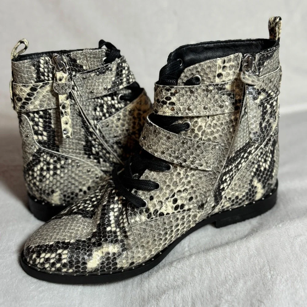 Ted Baker Snake Print Leather Lace Up Ankle Bootie‎ Buckle & Zip, Women's Size 6