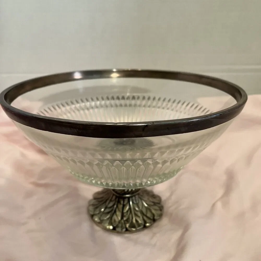 Vintage Pedestal Glass Fruit Bowl with Metal Rim and Base