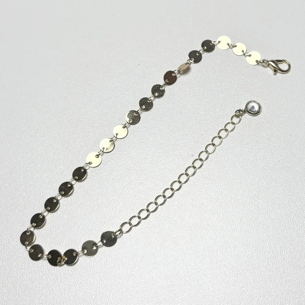 Gold Tone Flat Disc‎ Sequin Chain Bracelet with Crystal Extender Charm
