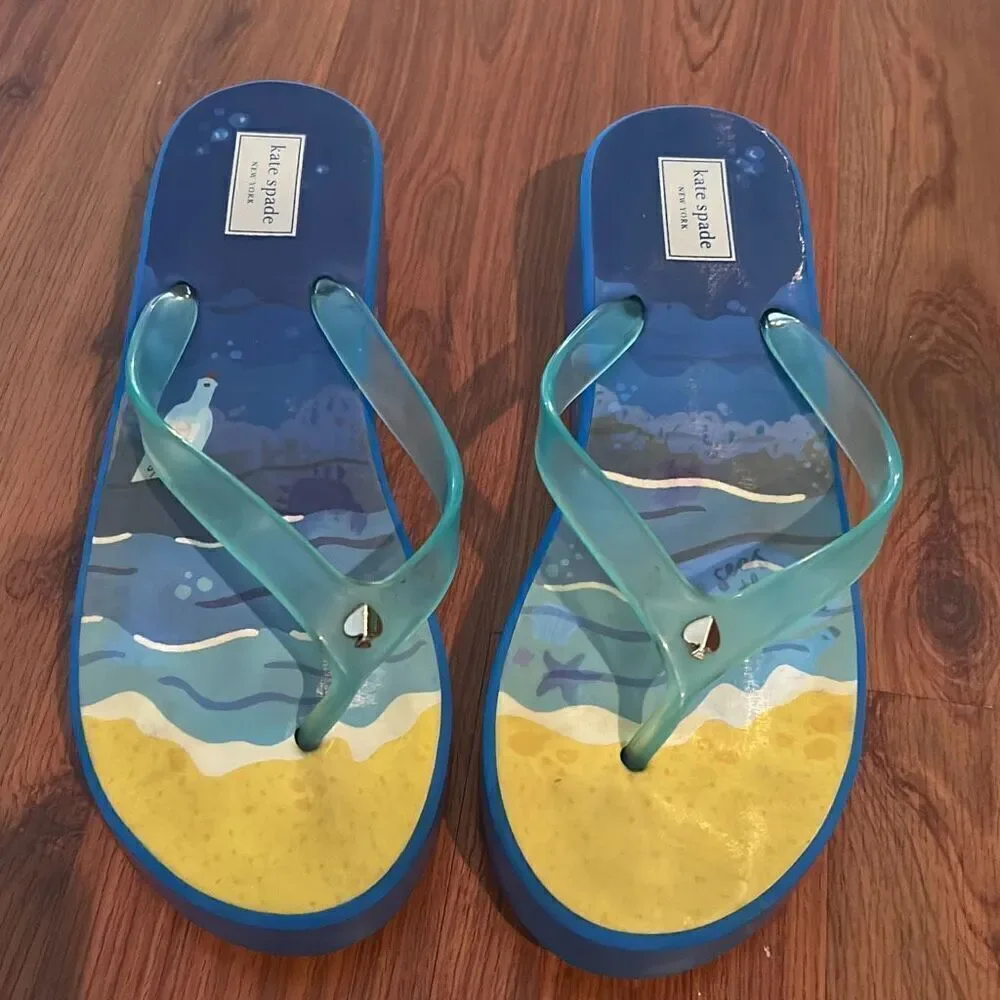 Kate Spade seas the day blue flip-flops wedge 10.5
