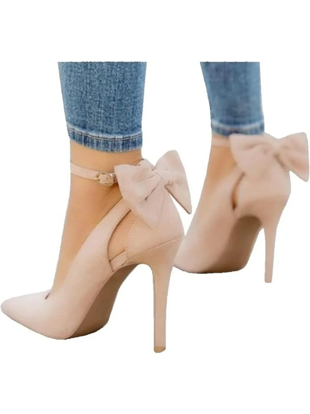 Women's Beige Pointed Toe High Heels Ankle Strap Sexy Bowtie Back Dress Sandals