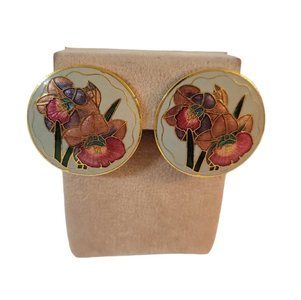 Vintage Cloisonne Enameled Orchid Earrings