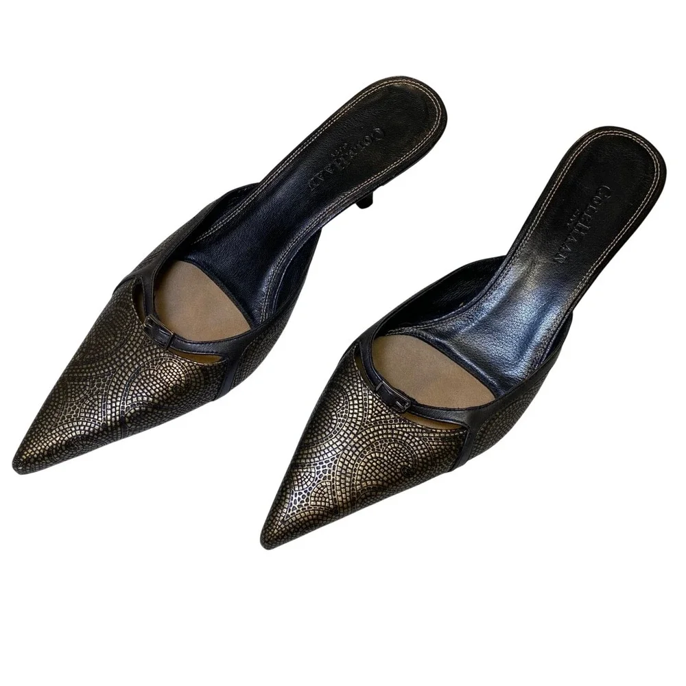 Cole Haan City Women's Mule Heels 9B Bronze Black Leather‎ Pointed Toe