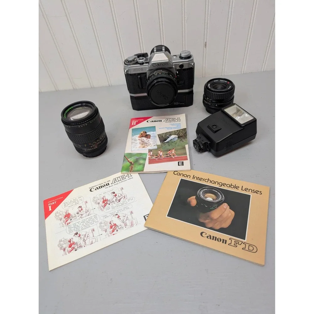 Canon AE-1 35mm Camera w/ FD‎ 50mm 1:1.8 Lens + Power Winder Lens Speedlite 155A