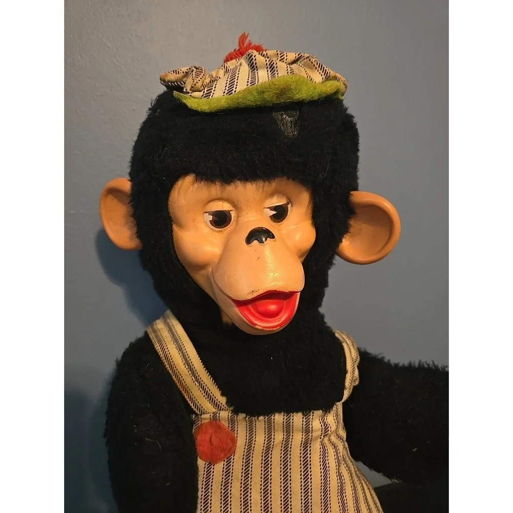 Gund Vtg Chimpanzee Rubber‎ Face Plush  Blue Overalls Monkey Train Conductor