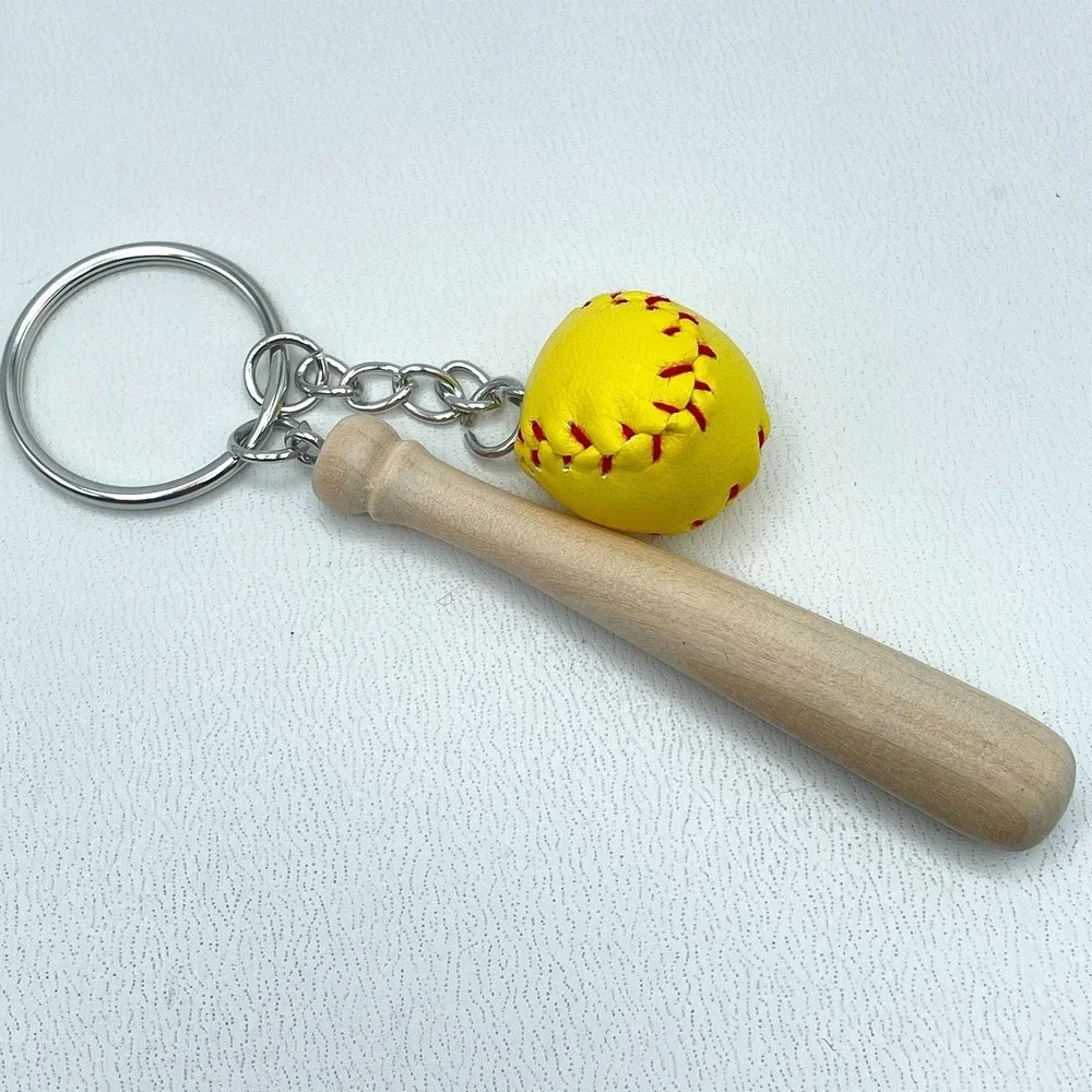Vintage Silver Tone Mini‎ Yellow Soft Baseball Wood Bat Charm Keychain Statement