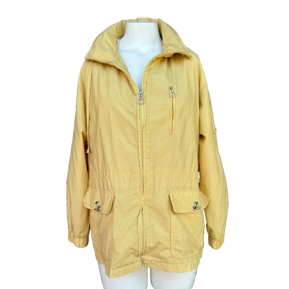 Talbots Raincoat Jacket L Yellow Hooded Full Zip Lined‎ Lightweight Preppy Chic