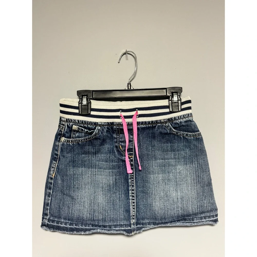 Mini Boden Girls Denim Skirt Blue Medium Wash Striped Waistband Size‎ 7-8Y 32351