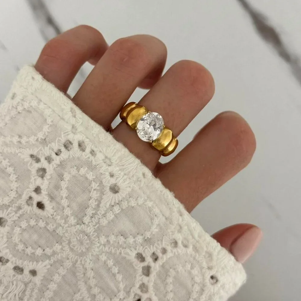 SKU0111 Retro Gold Diamond Gemstone Women Minimalist‎ Ring Stainless steel