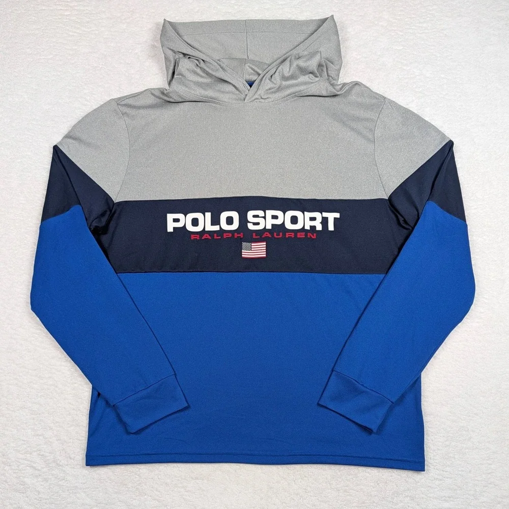 Polo Sport Ralph Lauren‎ Hoodie Mens L Blue Grey Colorblock Performance Pullover