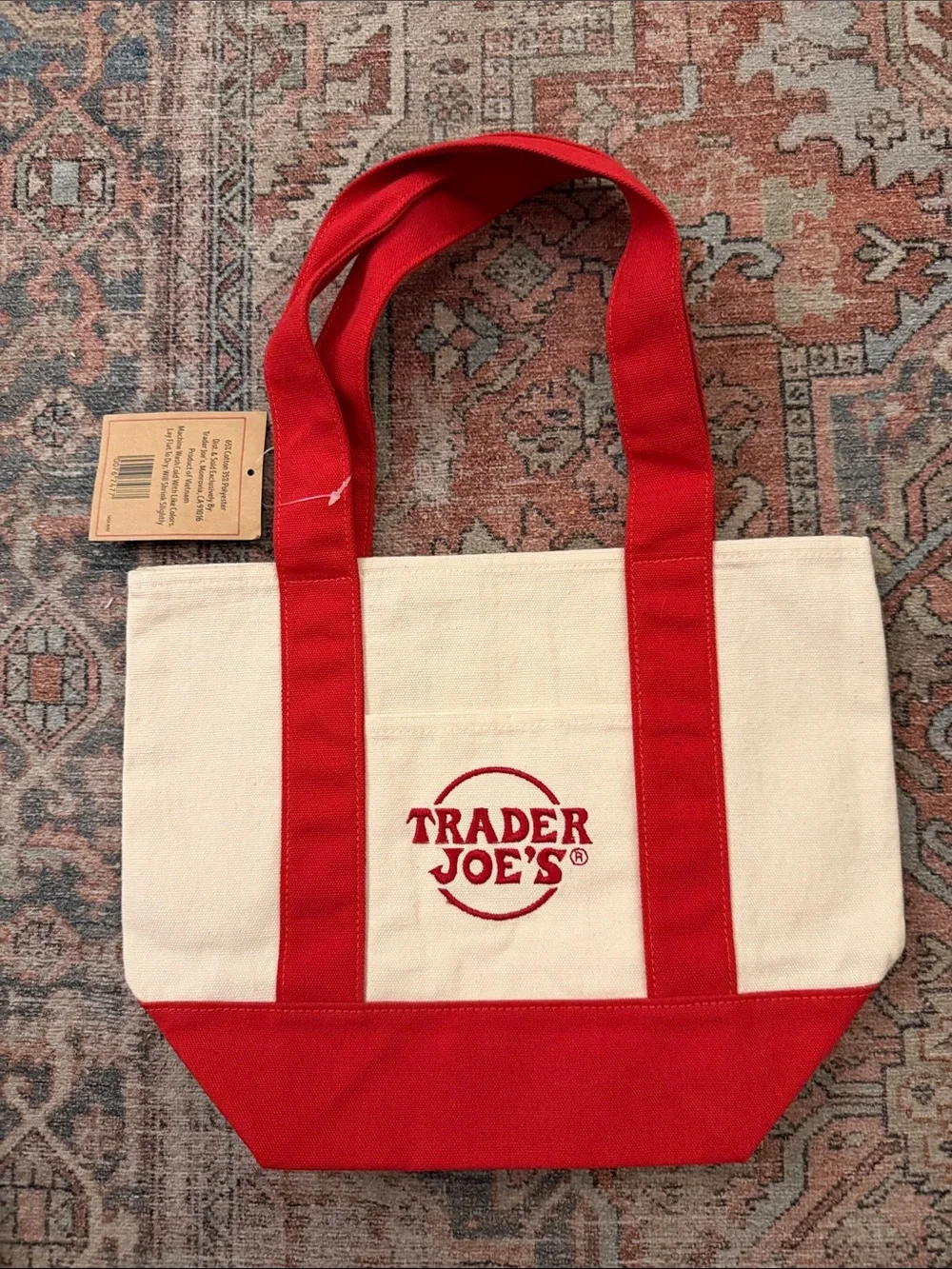 TRADER JOE'S Cream Canvas Logo Tote with Red Straps - NWT!