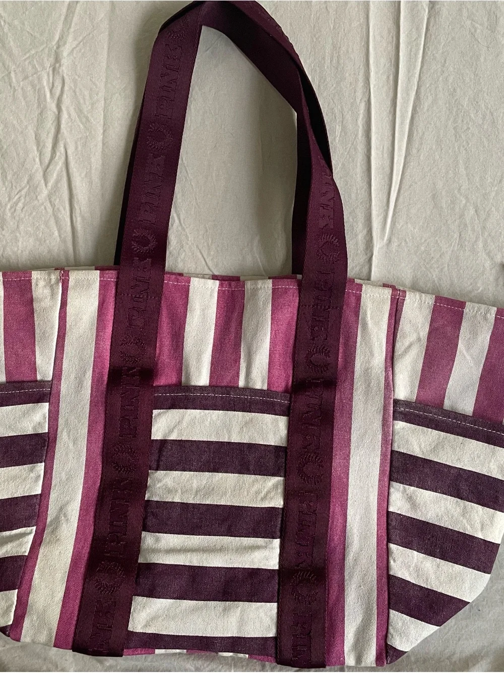 PINK Victoria's‎ Secret Striped Canvas Tote in Berry and White