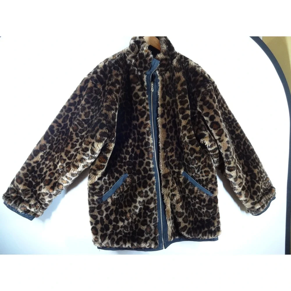VTG Basic Editions Faux Fur Coat XL/2XL Brown‎ Leopard Print Y2K Zip Up Reverse