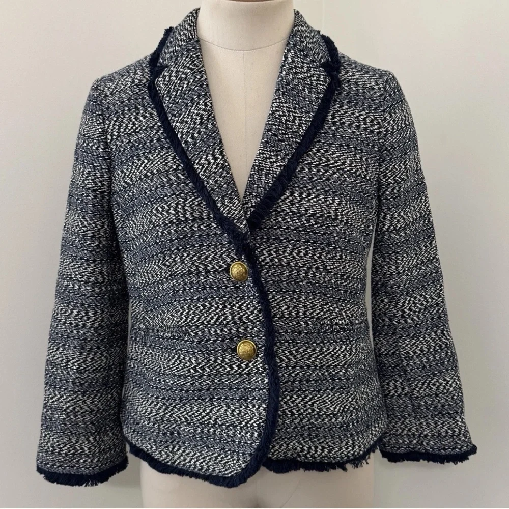 J Crew 6‎ Petite Tweed Lady Jacket Blazzer Navy & White Preppy Classic