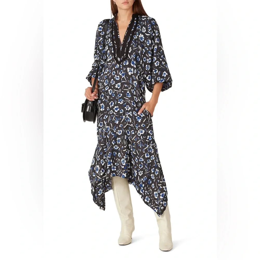 Tory‎ Burch Puff Sleeve Handkerchief Floral Tunic Asymmetric Midi Dress Small