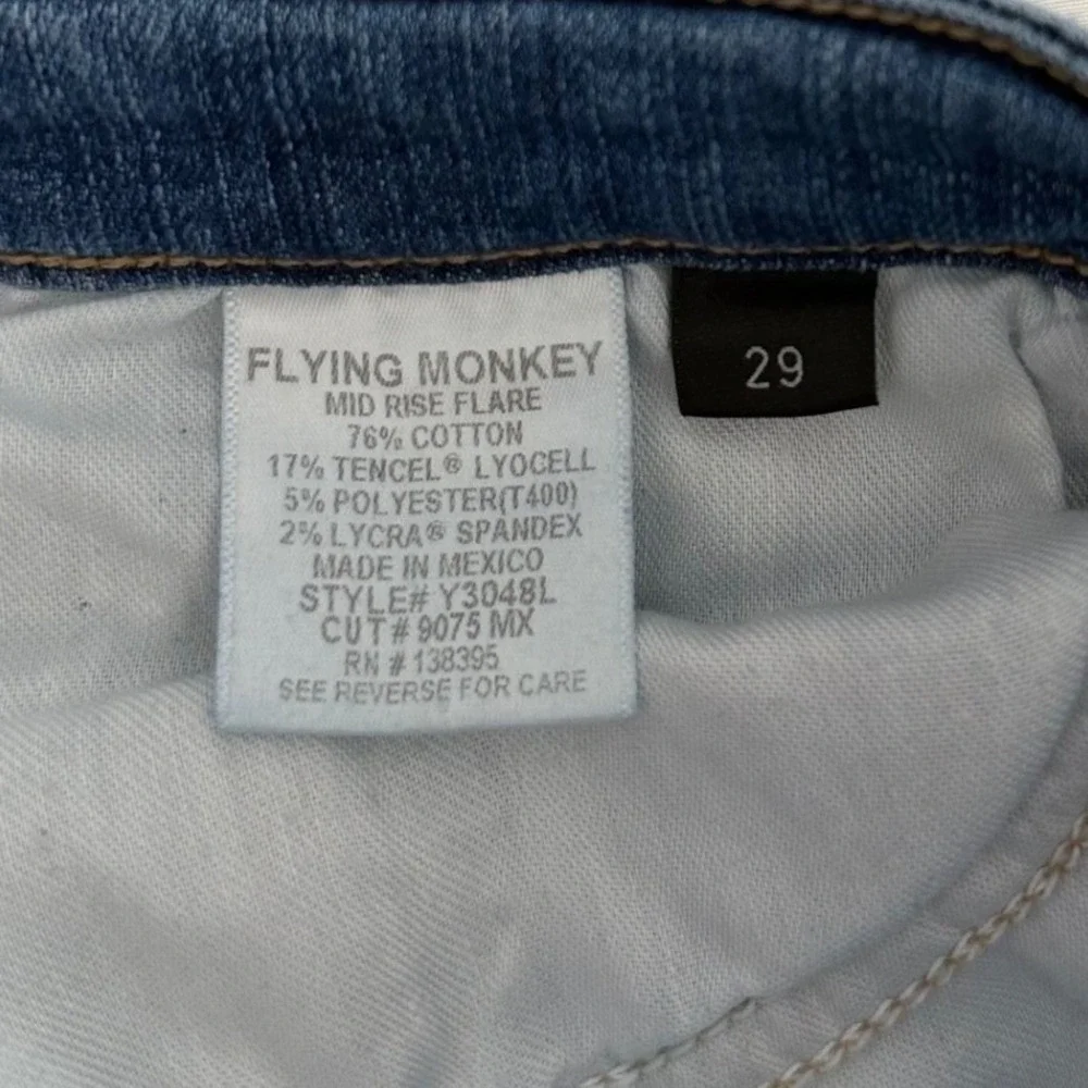 Flying Monkey‎ Retro Grunge Mid Rise Flare Jeans Distressed Med Wash Raw Hem 29