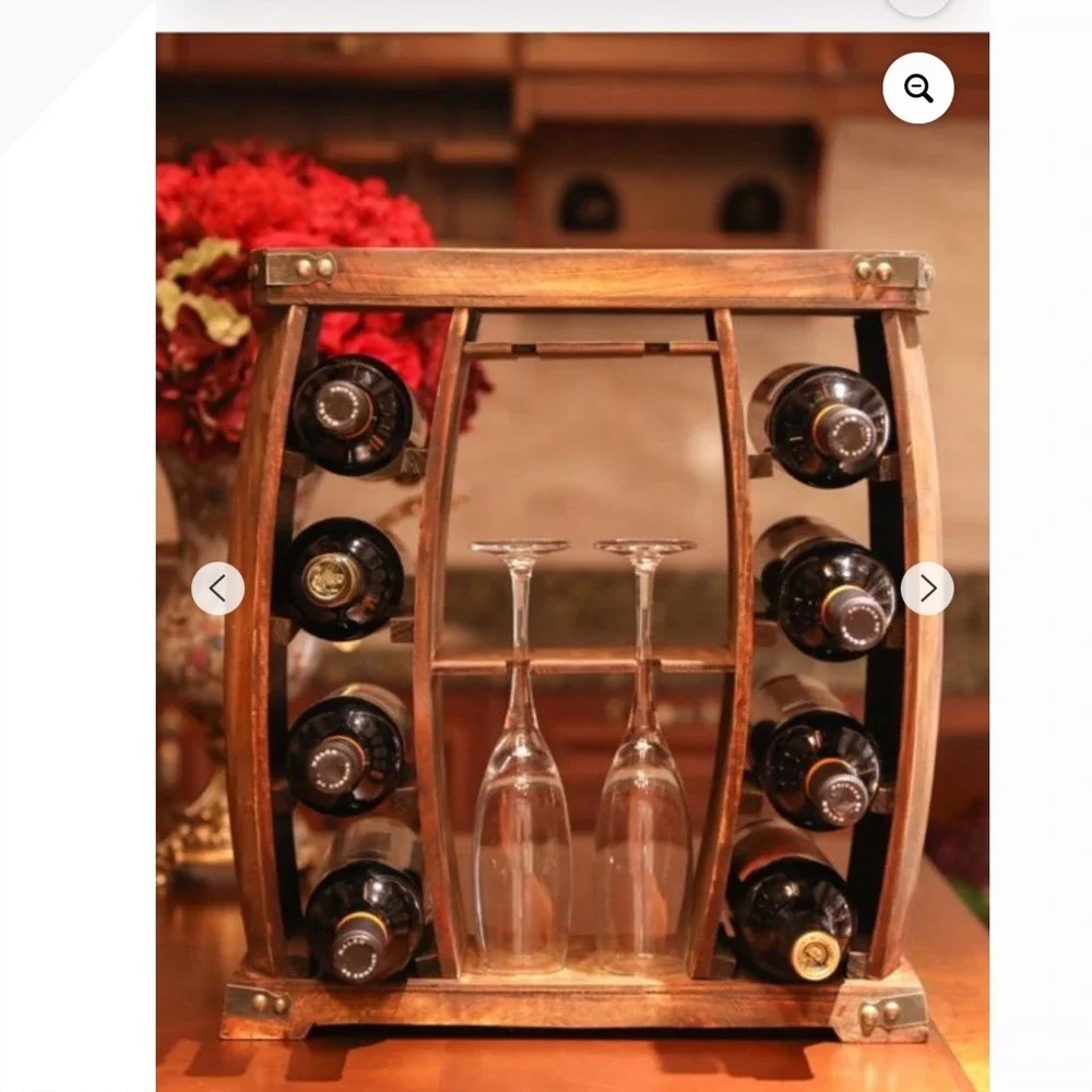 Rustic Wooden Wine Rack Barrel Design 8 Bottle Holder with Glassware Storage