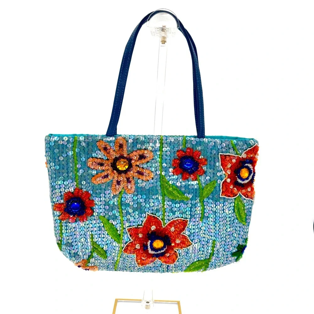 Christiana Beaded Sequin Flower‎ Tote Bag Blue Orange Sparkle Colorful Purse