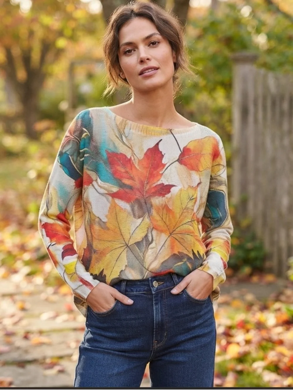 62 1 left ❤️ LOOWIE Cream Fall Leaves Round Neck Knit Printed Sweater