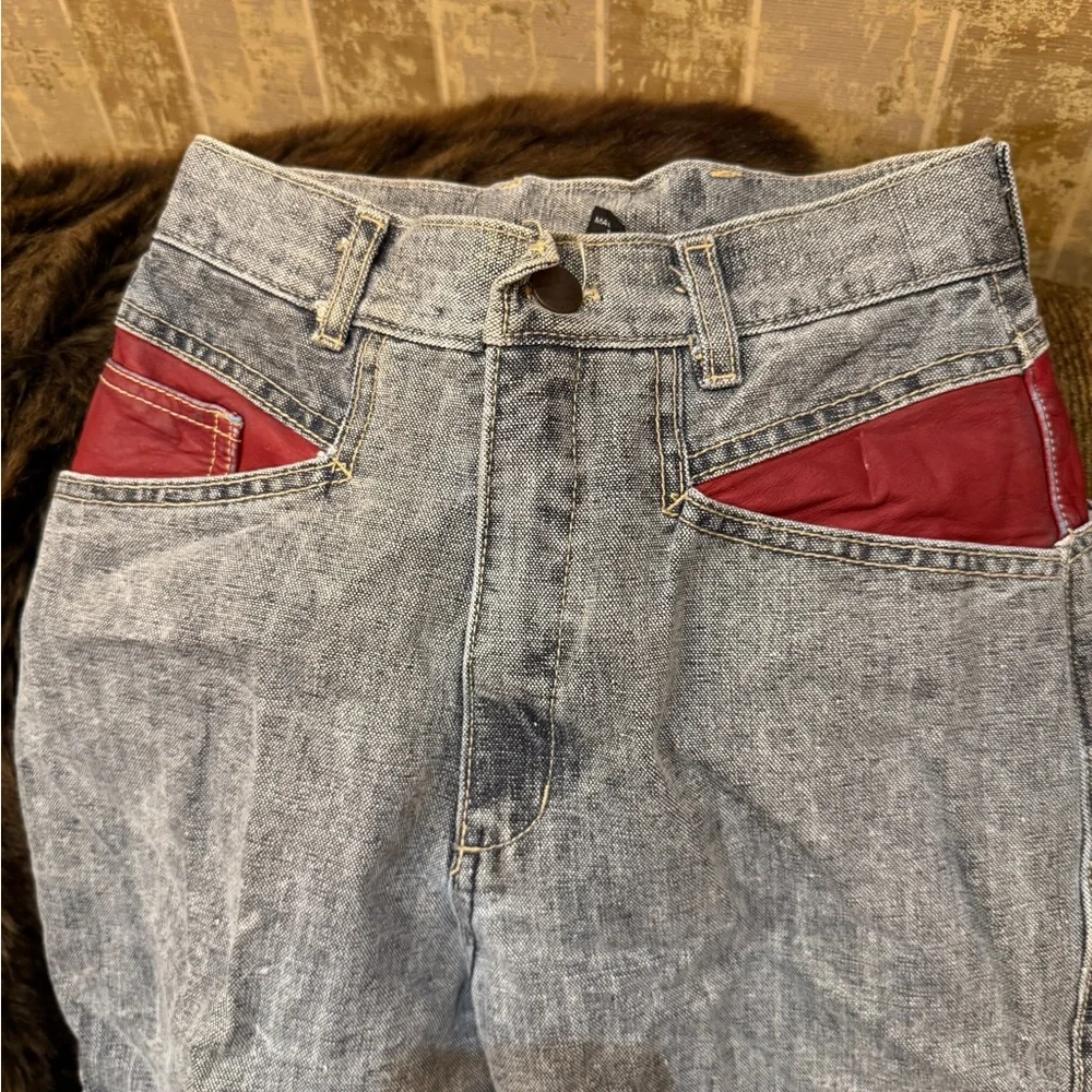Womens Bon‎ Jour 1980’s  Blue and Red leather Trim Jeans size size 5:6