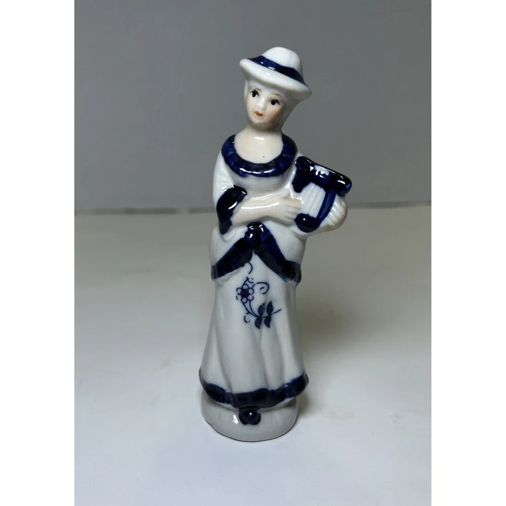 Vintage Victorian/Colonial Porcelain Lady Playing Instrument Figurine White/Blue