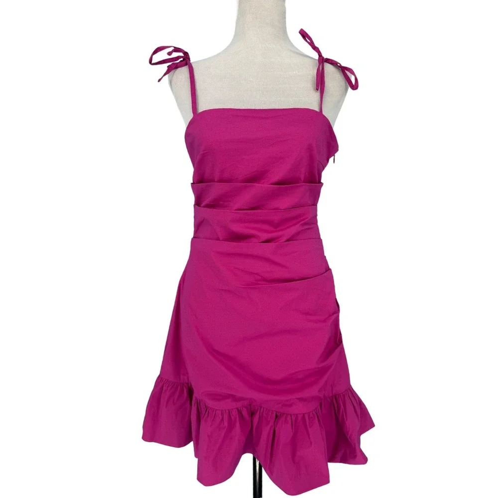 Showpo Wirral Dress Pink Ruched Ruffle Mini Dress NWT Size 6 Barbie Coquette‎