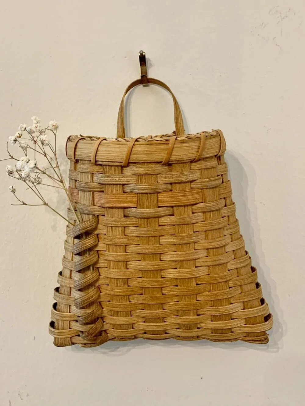 Hanging Basket Artist Signed Handwoven Wicker with Roping and Natural Dyes