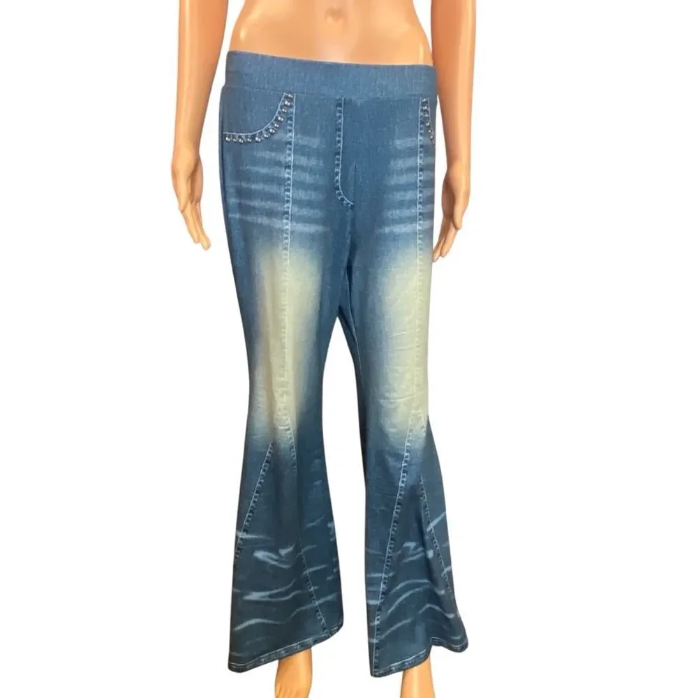 Shein Curve Wide Leg Pant Jean Print Faux Distressed Pattern High Waist Size OXL