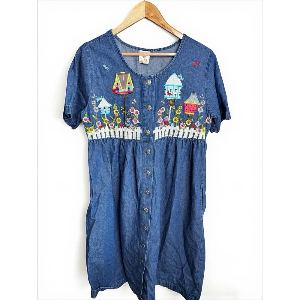 VTG Bechamel Grandmacore Farmcore Embroidered Chambray Button Up Dress Jean Sz M