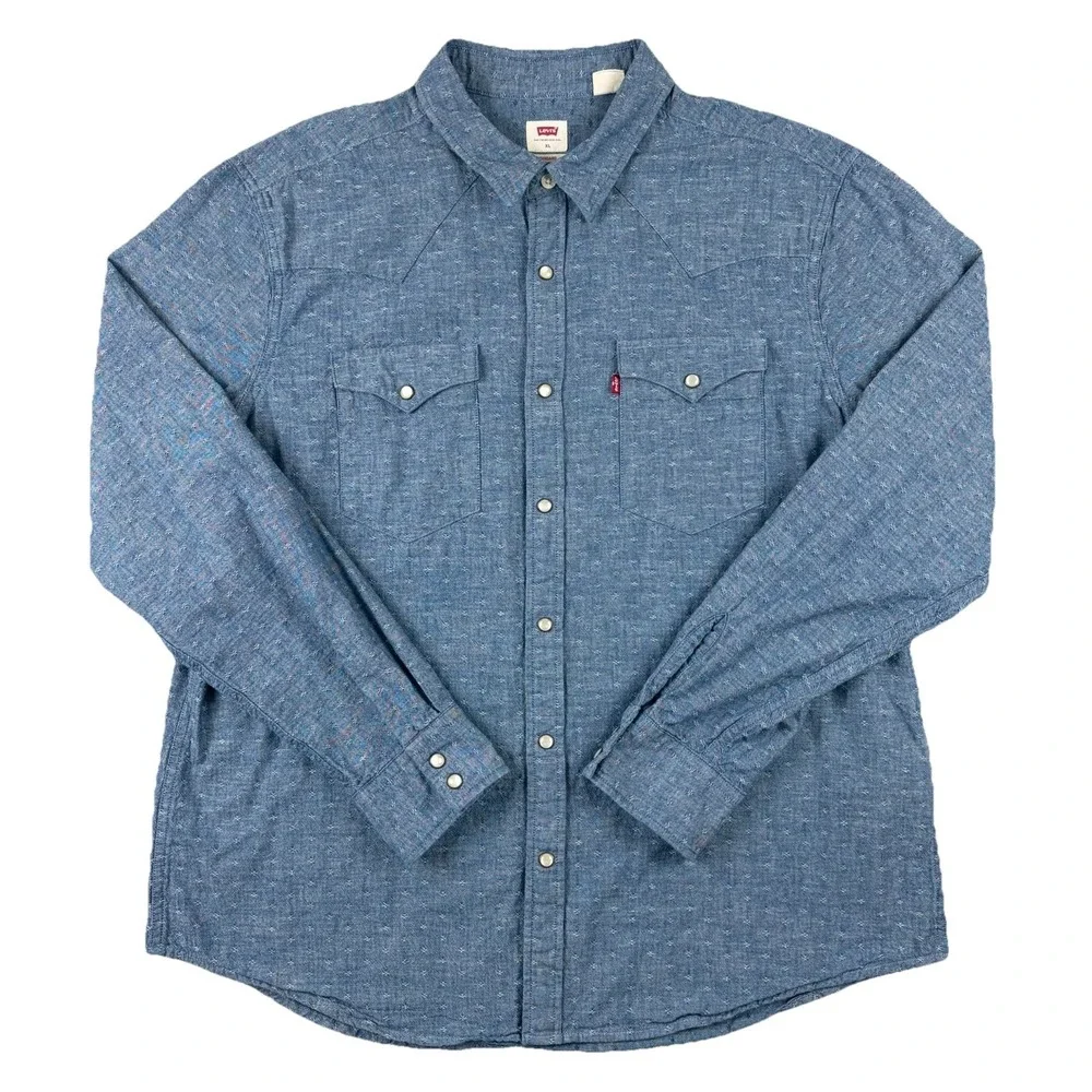 Levi's Shirt Men XL Blue Denim Pearl Snap Dobby Weave Western Long Sleeve Cowboy