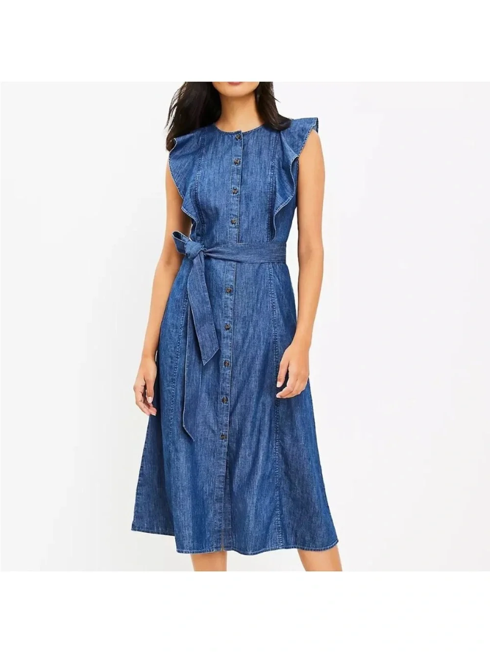 Loft Chambray Button Ruffle Midi Dress size 12