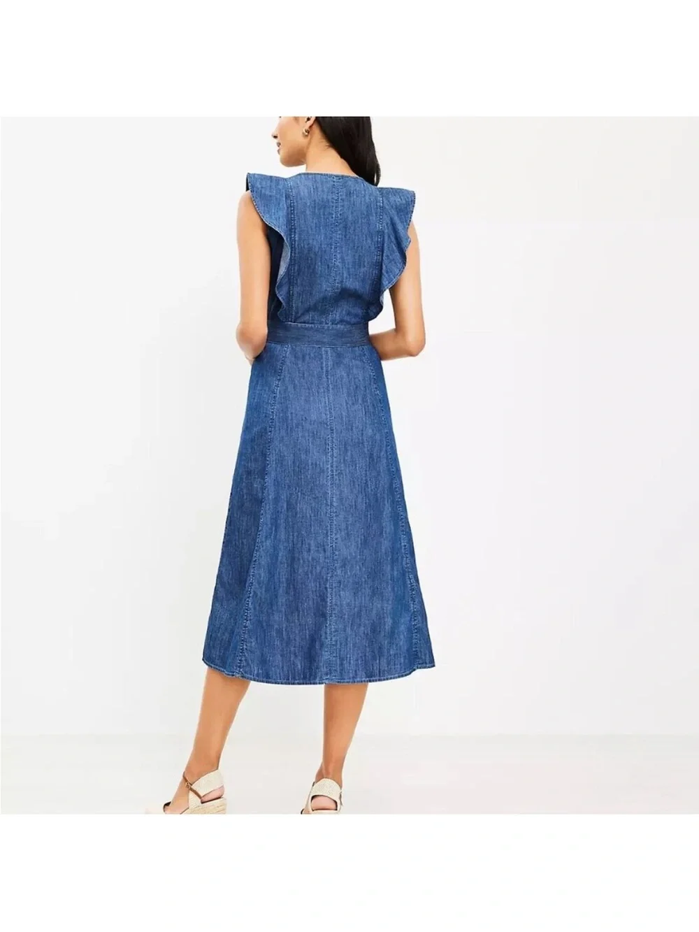 Loft Chambray Button Ruffle Midi Dress size 12