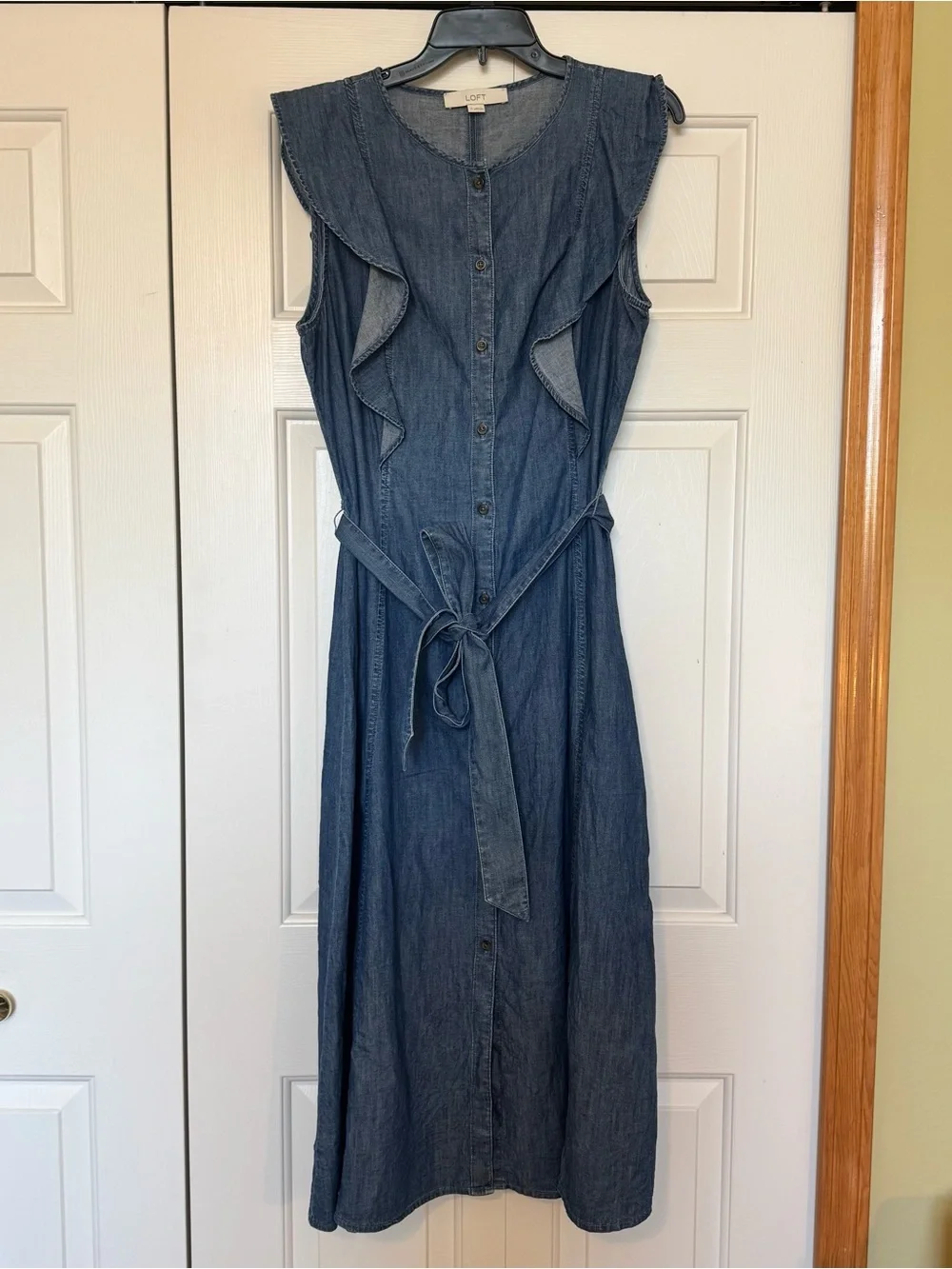 Loft Chambray Button Ruffle Midi Dress size 12