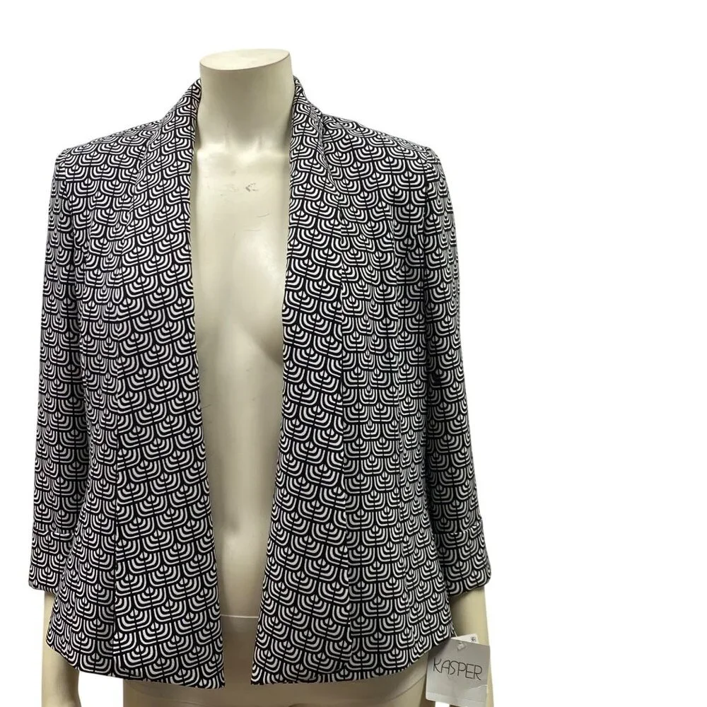Kasper Womens Black & White‎ Patterned Open-Front Blazer Jacket Size 6 NWT