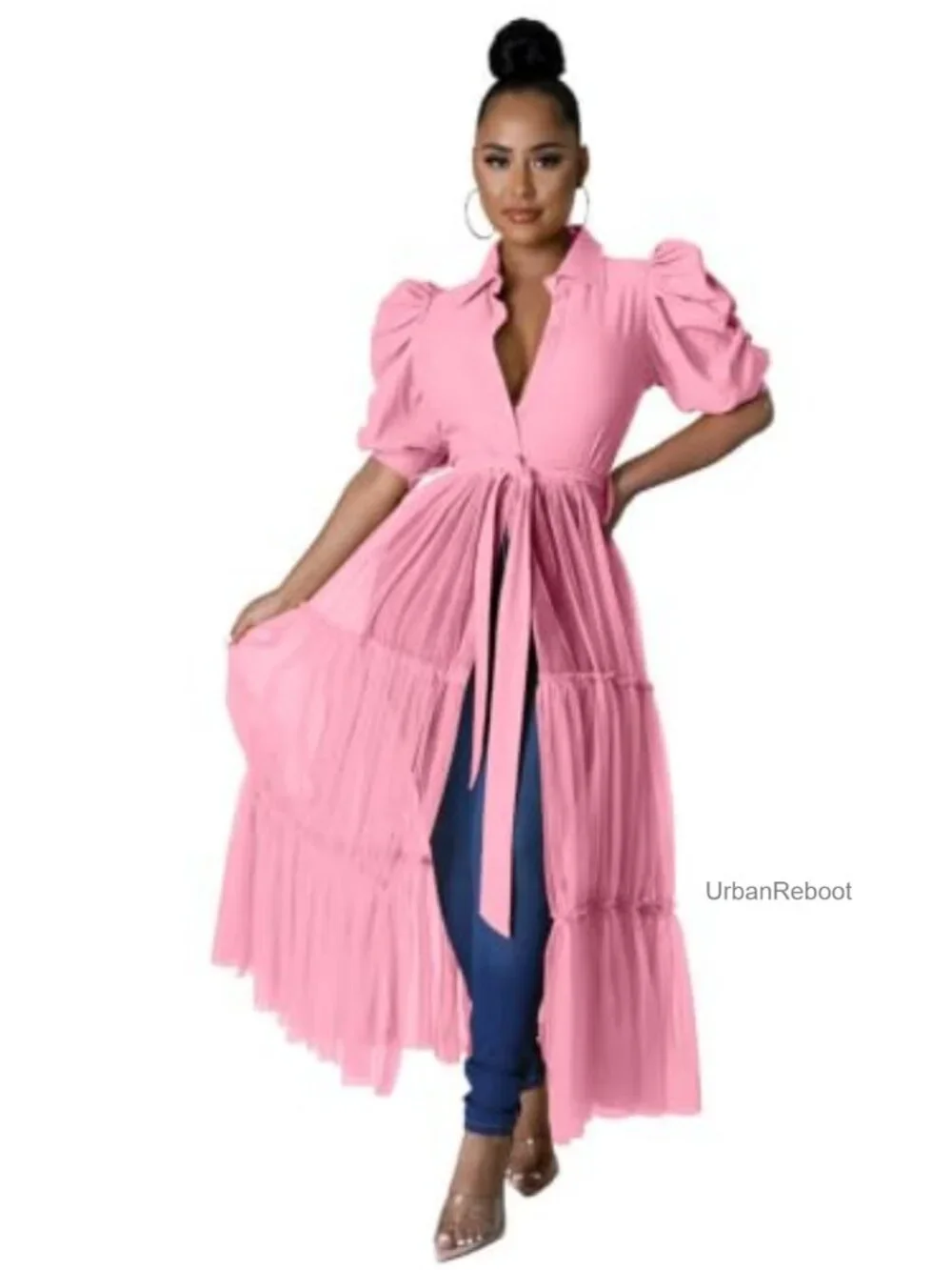 Ruffle Blouse Asymmetrical Tunic Dress with Belt