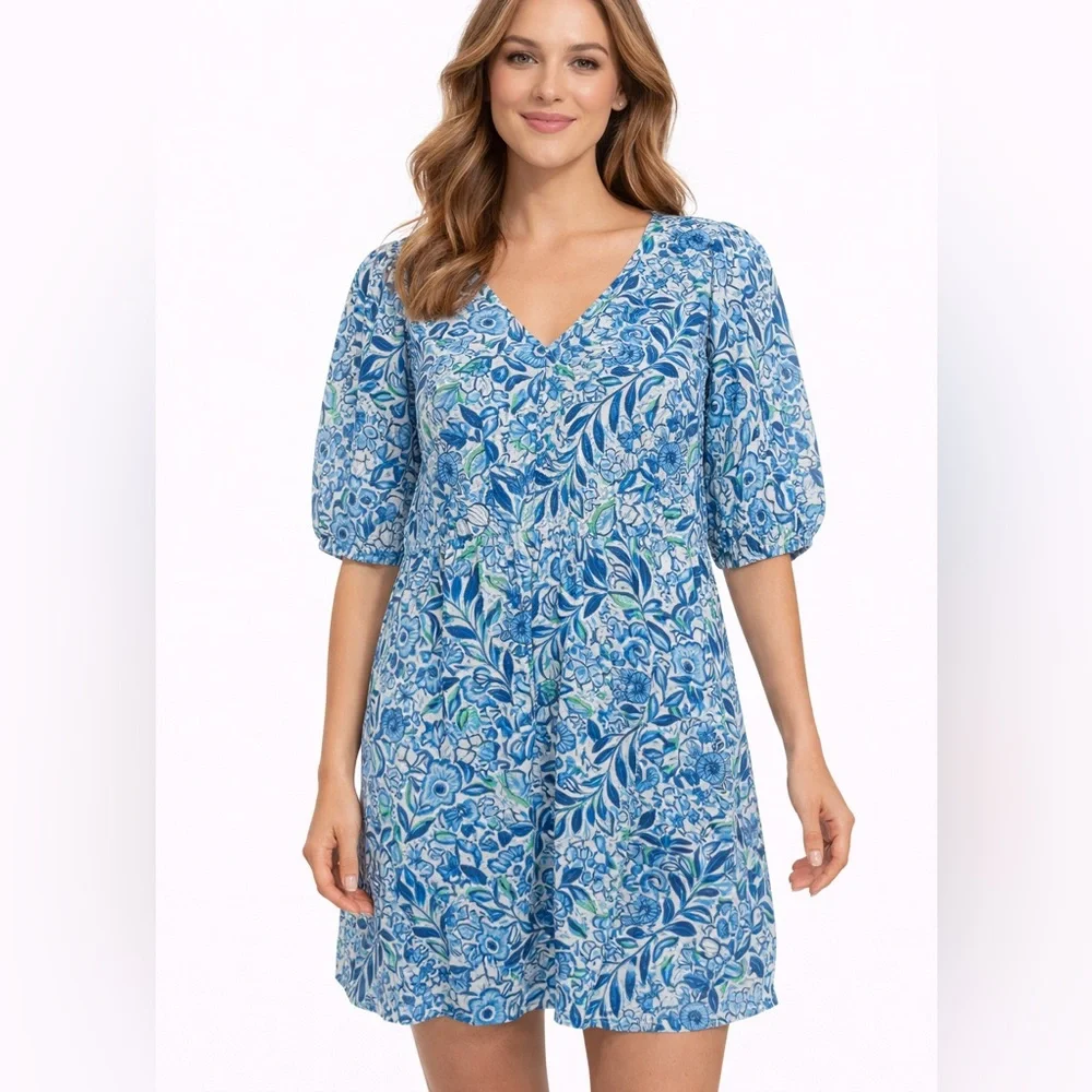 NWT Stella Parker Size Medium Puff Sleeve Floral Blue and Green‎ Women's Dress