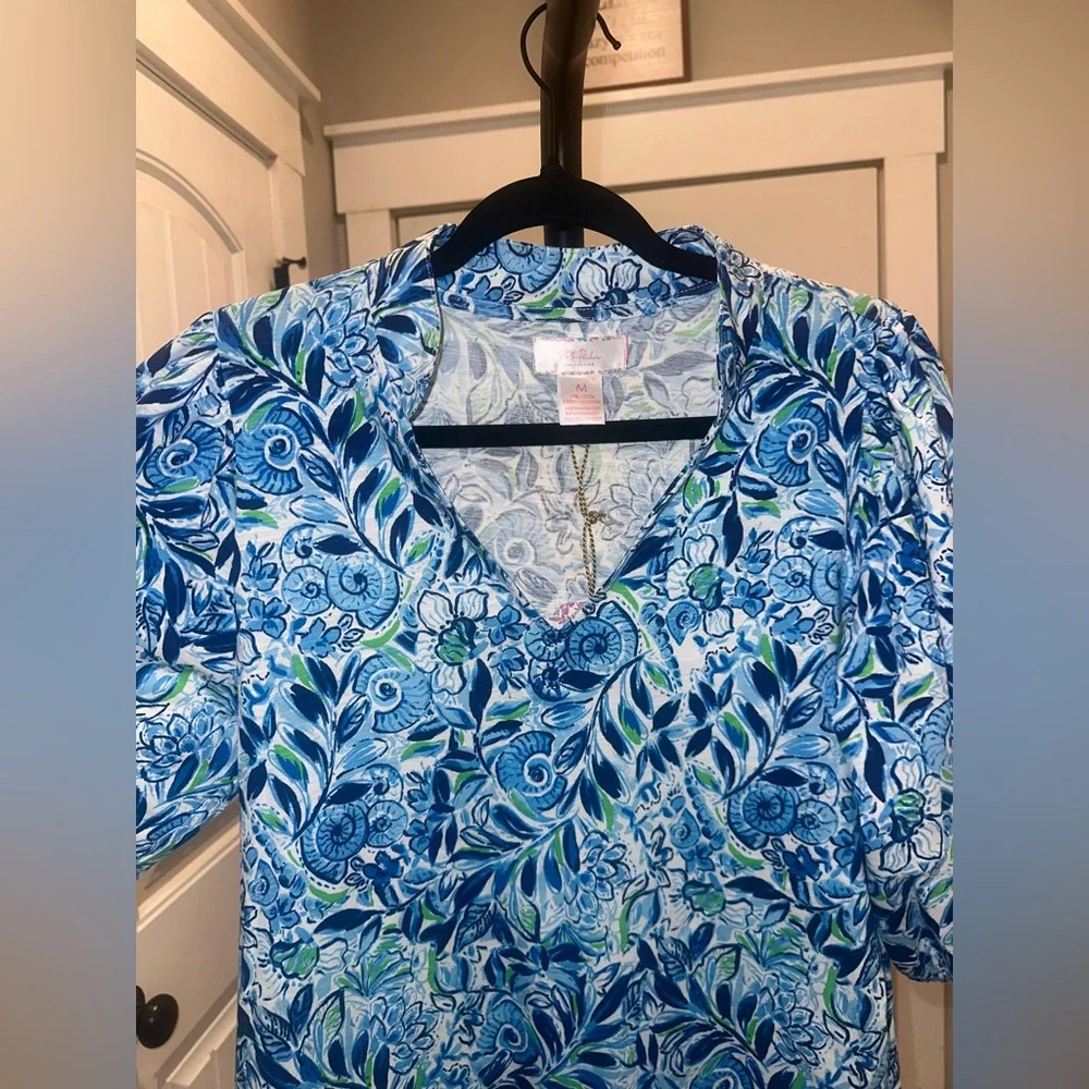 NWT Stella Parker Size Medium Puff Sleeve Floral Blue and Green‎ Women's Dress