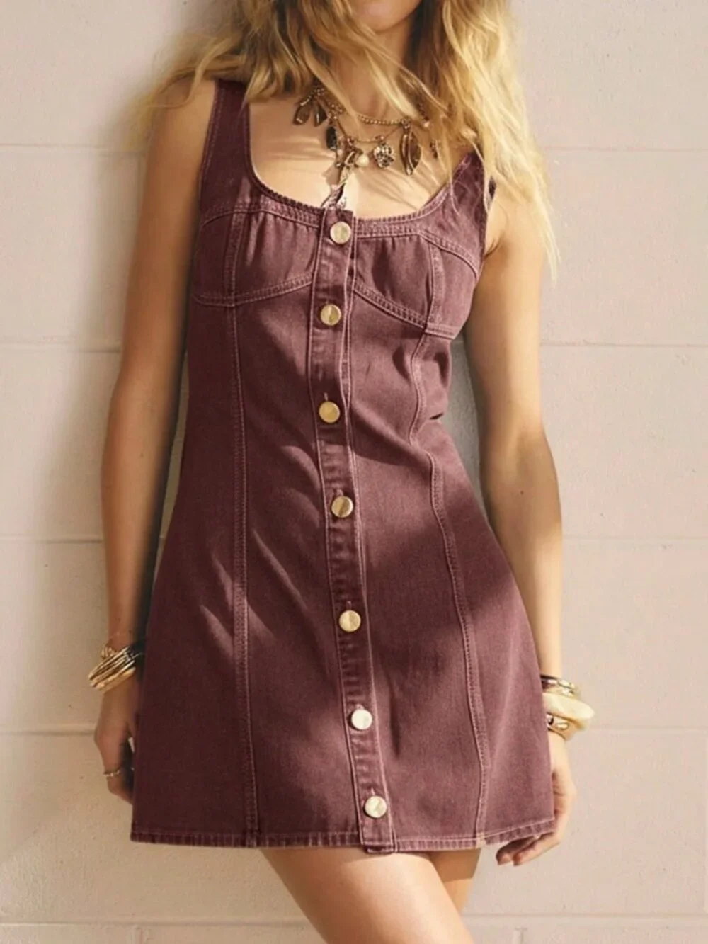 Burgundy Casual Women's Button Front Bodycon Square Neck Denim MiniDress