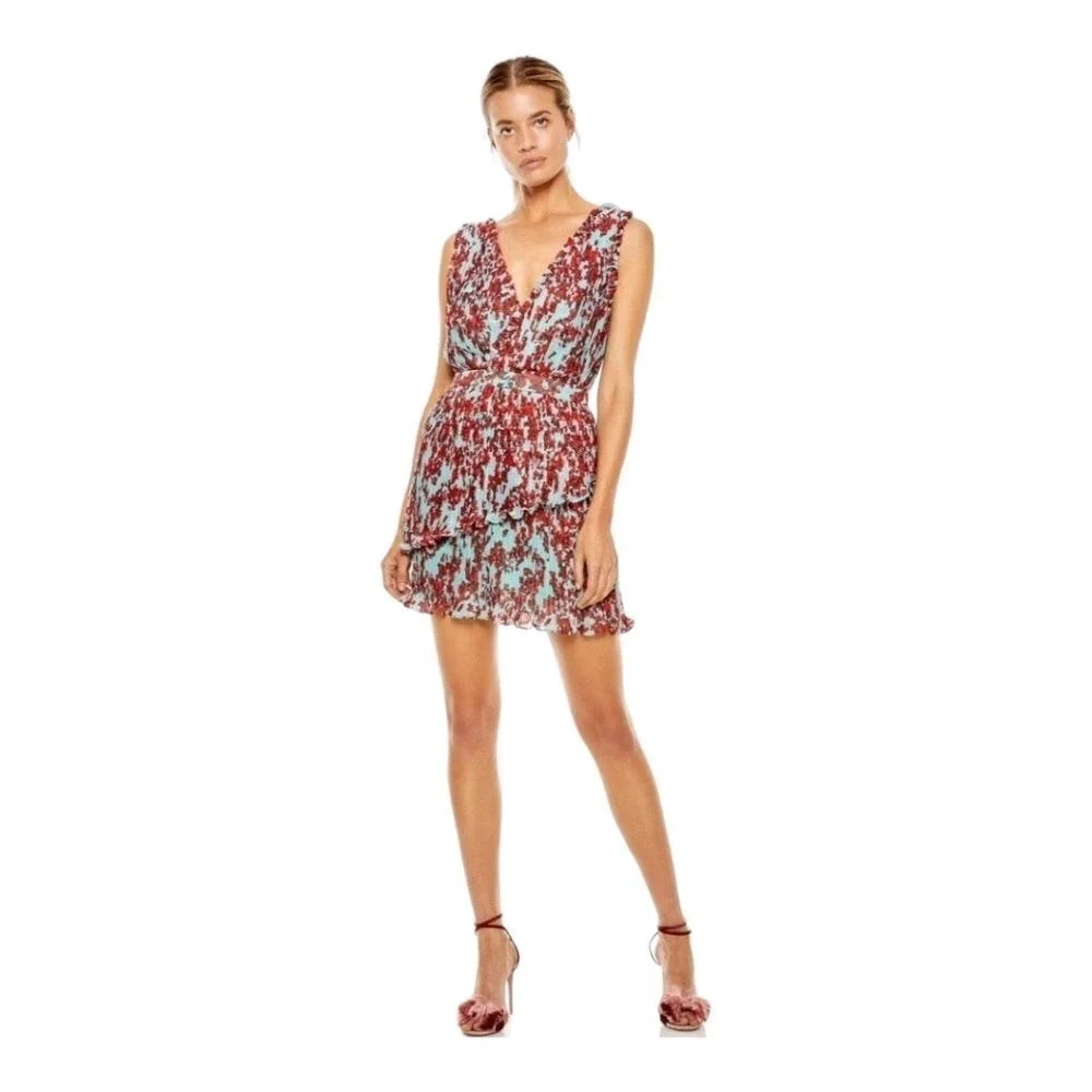 La Maison Talulah Floral Pleated Layered Mini Dress Shoulder Tie Sz M