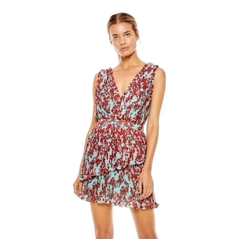 La Maison Talulah Floral Pleated Layered Mini Dress Shoulder Tie Sz M